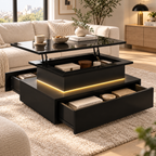 Table basse relevable rectangulaire avec LED et tiroirs | AURA