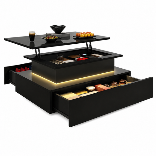 Table basse relevable rectangulaire avec LED et tiroirs | AURA