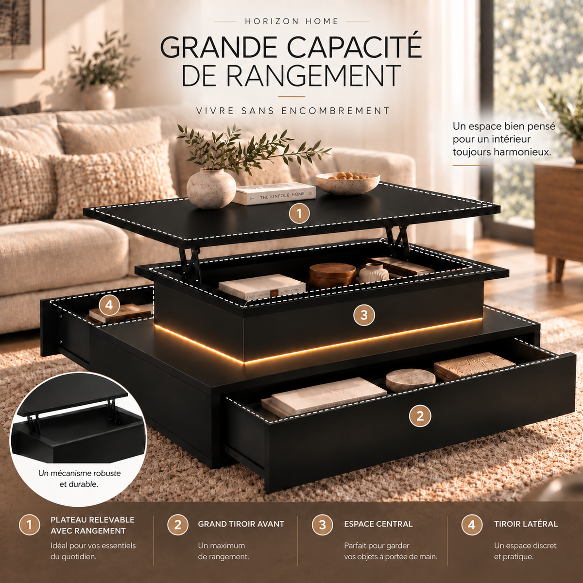 Table basse relevable rectangulaire avec LED et tiroirs | AURA