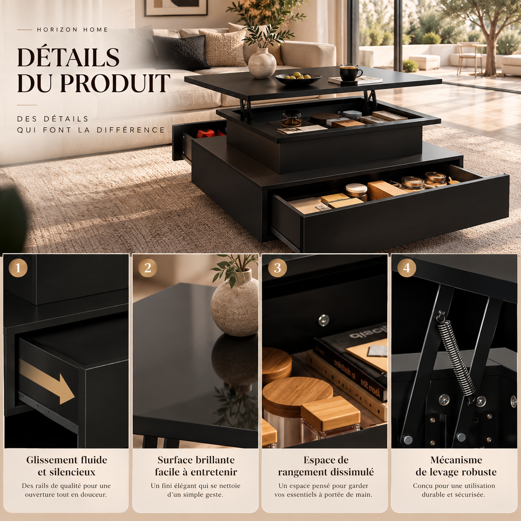 Table basse relevable rectangulaire avec LED et tiroirs | AURA