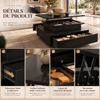 Table basse relevable rectangulaire avec LED et tiroirs | AURA