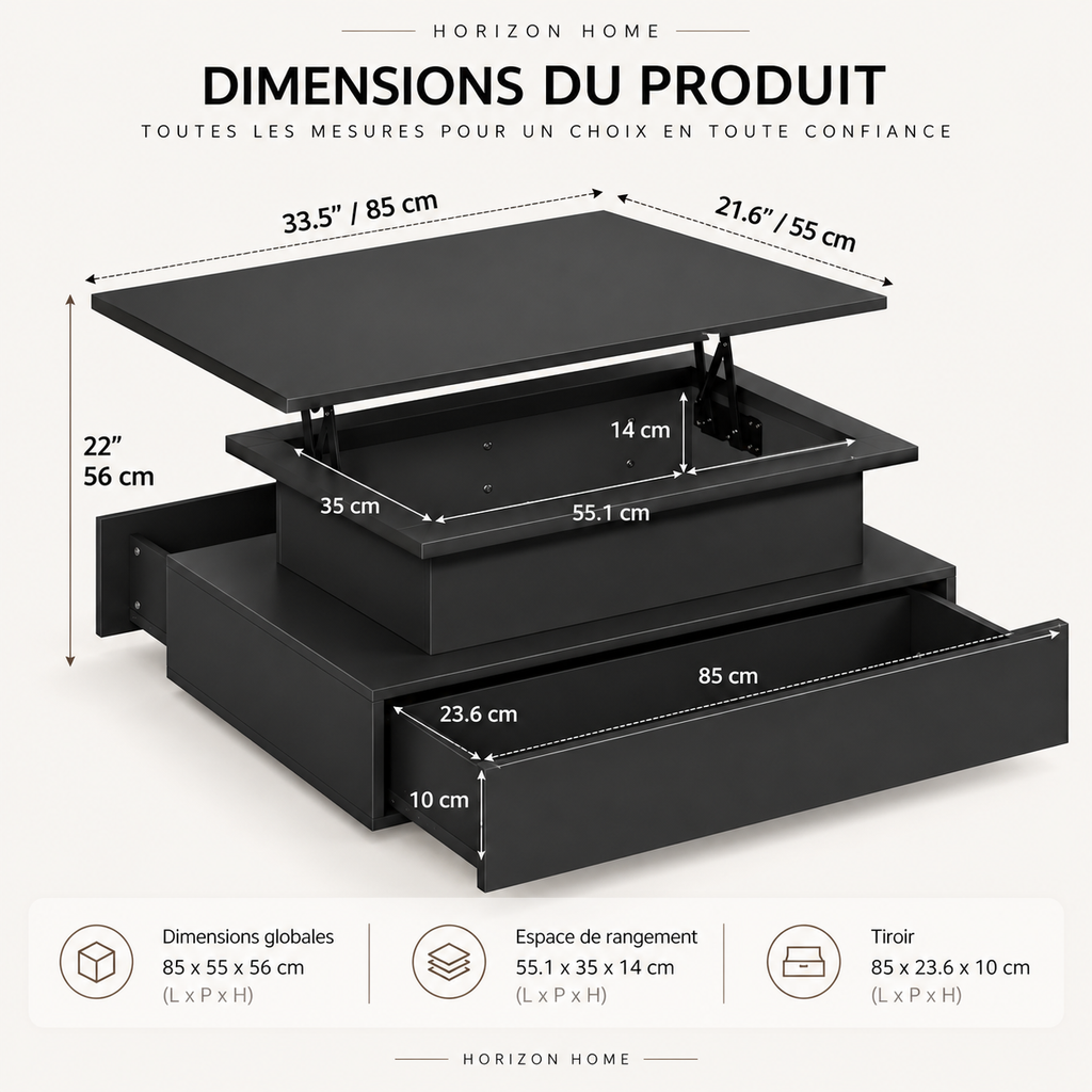 Table basse relevable rectangulaire avec LED et tiroirs | AURA