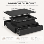 Table basse relevable rectangulaire avec LED et tiroirs | AURA