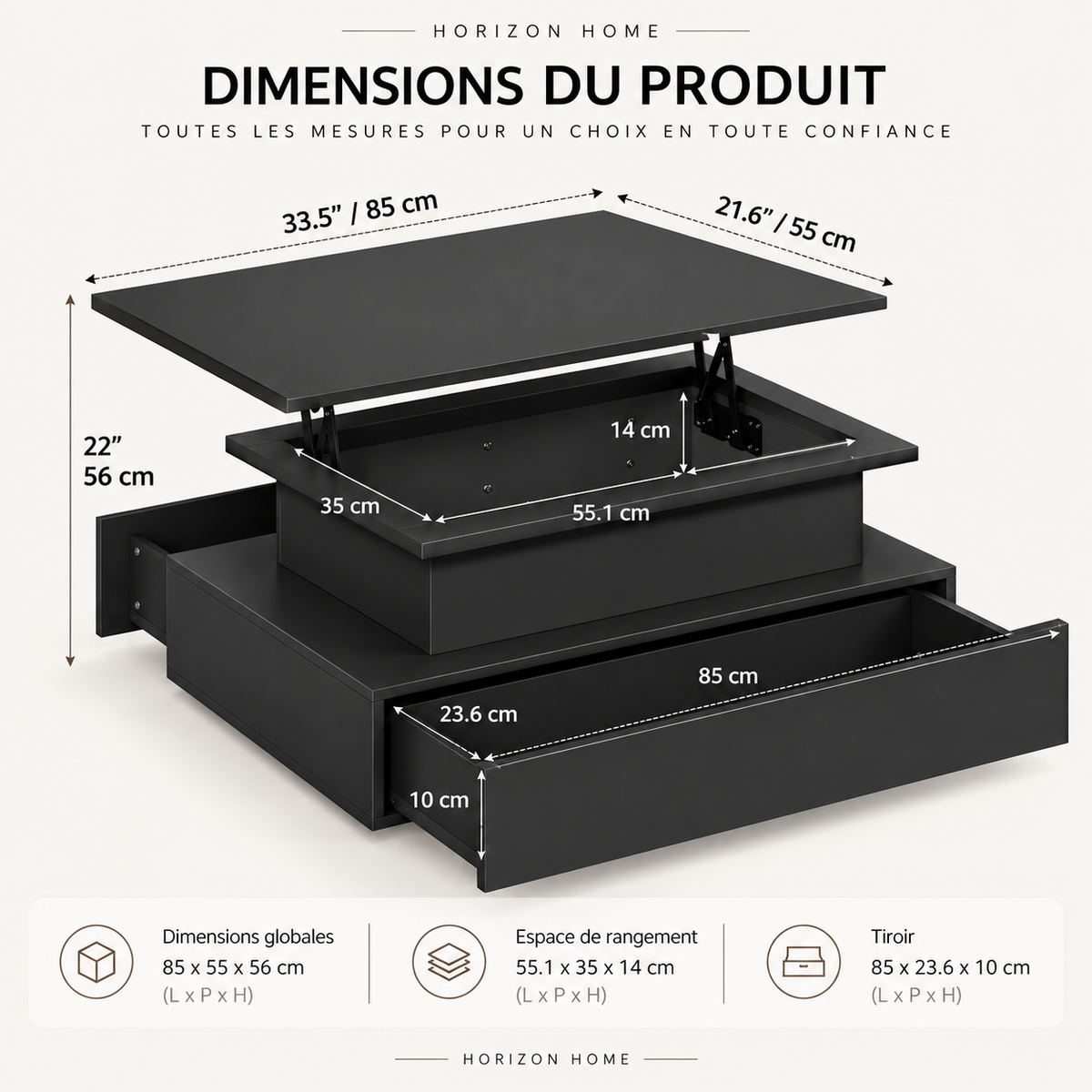 Table basse relevable rectangulaire avec LED et tiroirs | AURA