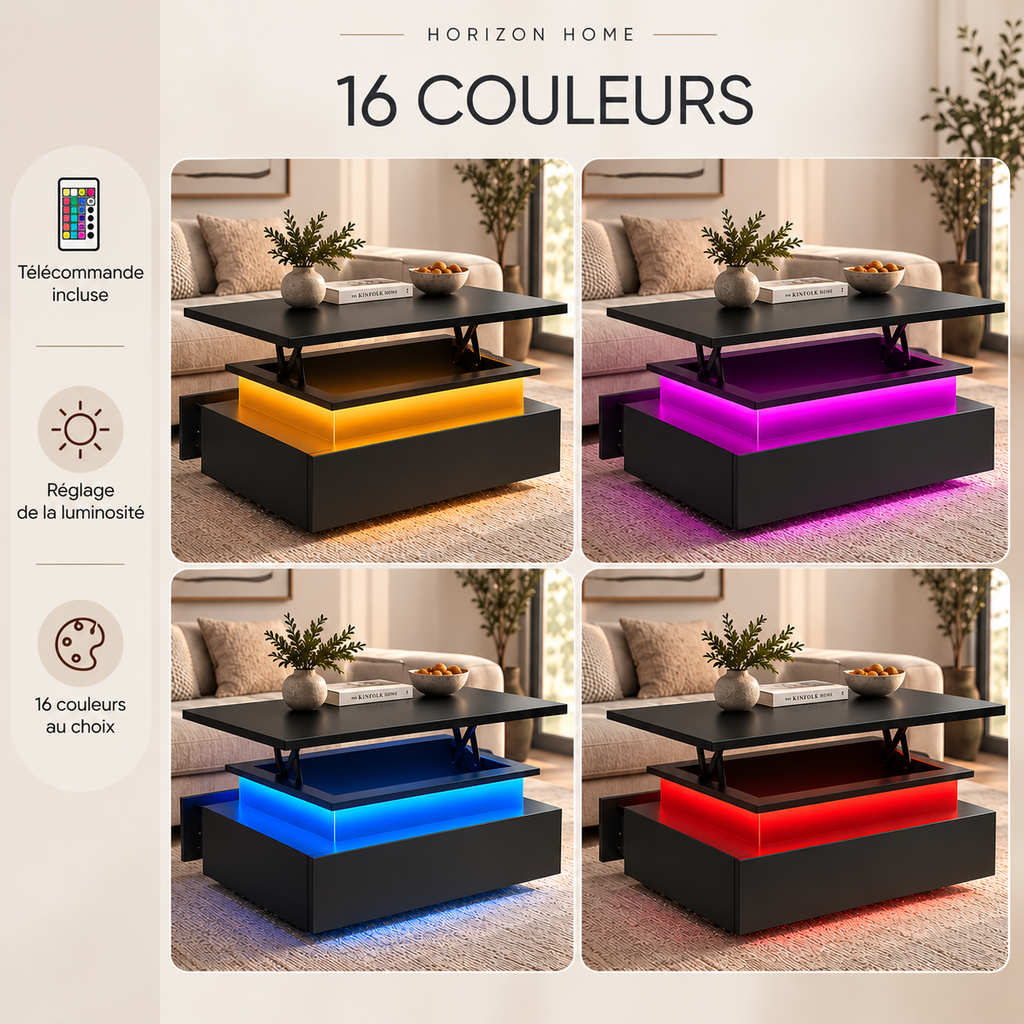 Table basse relevable rectangulaire avec LED et tiroirs | AURA
